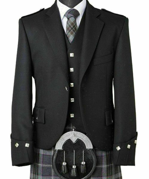 BLACK Men's Argyle Kilt Jacket And 5 Button Vest Scottish Wedding Kilts Jacket — image 1