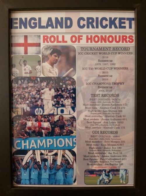 England Cricket roll of honours - Anderson Cook Root Stokes - framed print