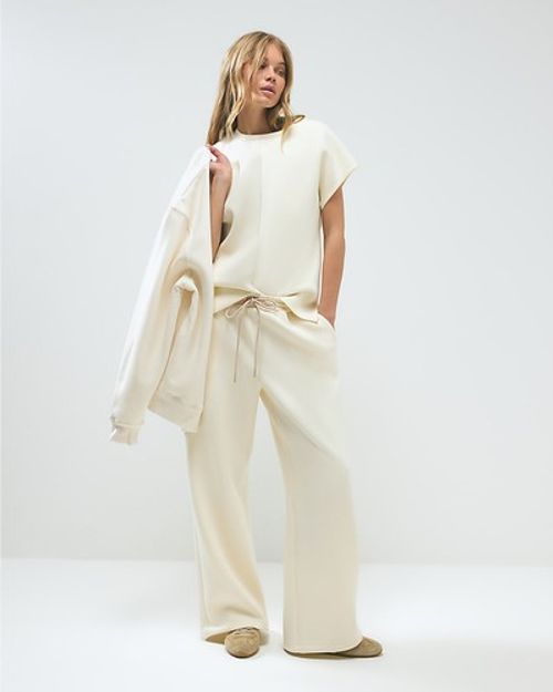 River Island Womens Joggers Cream Premium Twill Fabric Wide Leg Track Bottoms