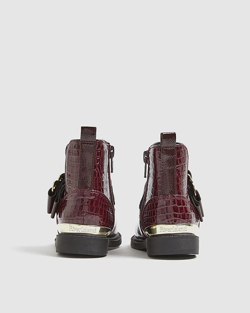 River Island Mini Girls Chelsea Boots Red Patent Heart Bow Side Zip Shoes — image 3