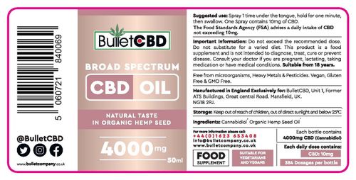 Broad Spectrum 4000mg CBD Oil Spray 50ml by BulletCBD,  Organic, Vegan, Non-GMO — image 2