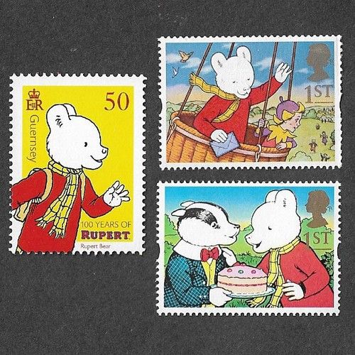 RUPERT BEAR CARTOONS 2 X 1ST CLASS ROYAL MAIL + GUERNSEY MNH