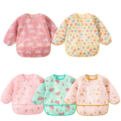 Long Sleeved Bibs,5 PCS Waterproof Wearable Bibs with Sleeves,Baby Feeding Smock