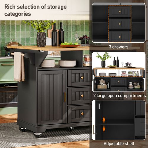 Kitchen Island on Wheels Rolling Storage Trolley with Extendable Worktop, Black — image 5