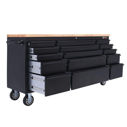 72" Tool Cabinet Workbench 15 Drawer Tool Chest on Wheels Wooden Top Heavy Duty