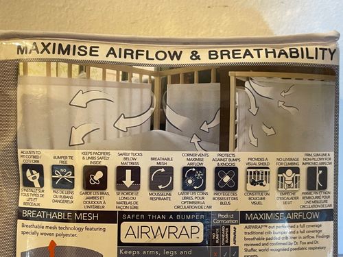 AIRWRAP MESH Cotbed Protector 4 Side Panels Crib Baby Bumper White Adjustable — image 8