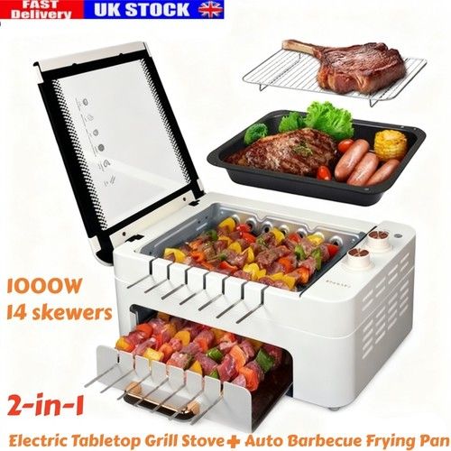 3in1 Smokeless Indoor BBQ Grill w/360° Auto Rotating Skewers&Dual Cooking Zone