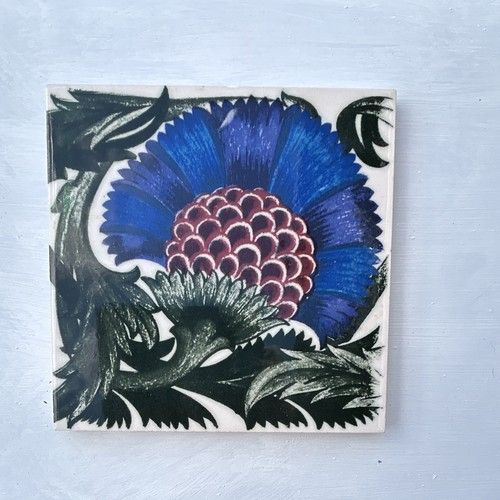 Made in England Decorative Ceramic Square Tile Floral Blue Flower Design