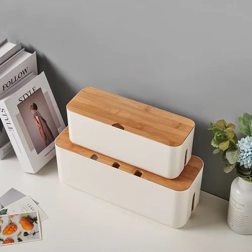Bamboo Cable Organizer Box Storage Compartment Case — image 4
