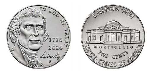2026 USA Semiquincentennial Jefferson Nickel 5 Cent BUNC coin P Mint.