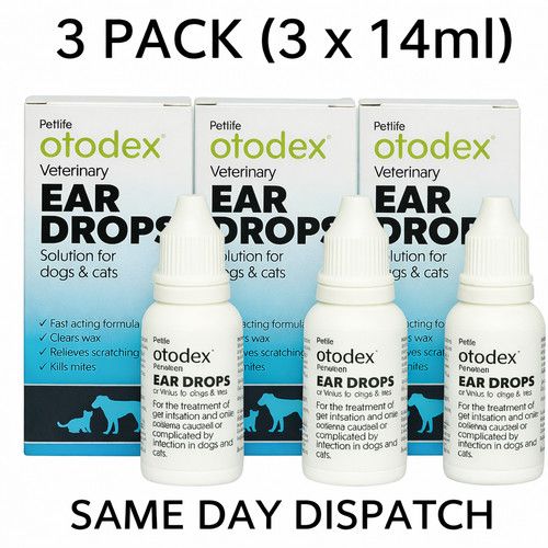 3 x 14ml Petlife Otodex Ear Drops for Dog Cat Clear Wax Mites Cleanser Itching