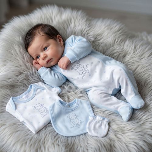 Premature Baby Boy Cotton 4 Piece Outfit Set Sleepsuit Vest Bib Mitts BLUE — image 4