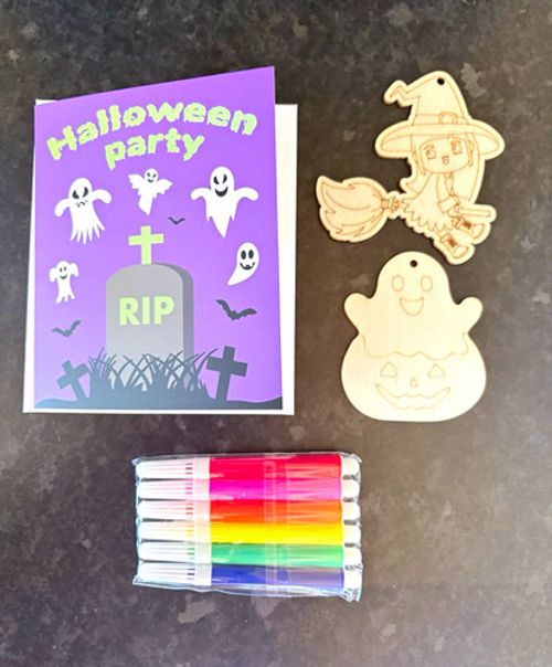 Halloween Kids Craft Kit Wooden Witch & Ghost Decorations with Pens