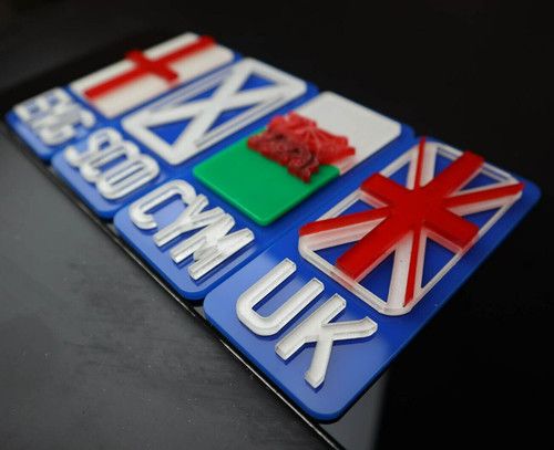 Pair Deluxe 4D 3D Laser Number Plate Badges - Flags Wales England GB Scotland UK
