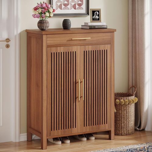 Modern 5-Tier Narrow Shoe Cabinet with Louvered Doors and Drawer for Entryway — image 3