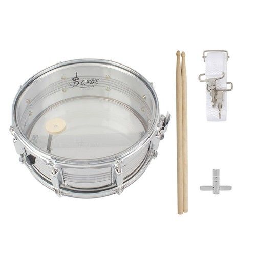 Snare Drum with Drumsticks Stainless Steel Marching Snare Drum with Strap Silver
