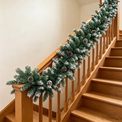 9ft Deluxe Extra Thick Christmas Garland Wreath Snowy Flocked Pine Cones Stairs