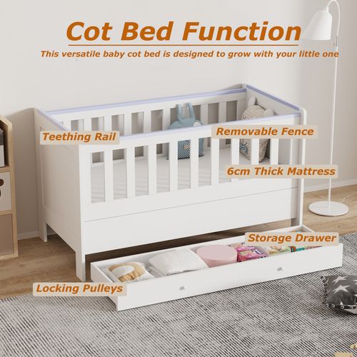 3-in-1 Convertible Cot Bed White Baby Nursery Crib Toddler Bed 140x66cm Mattress — image 4