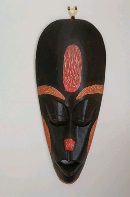 Vintage African Carved Wooden Tribal Mask Textured Detail  50 Cm Home Decor 