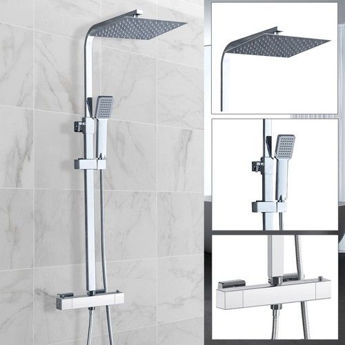 Bathroom Thermostatic Exposed Shower Mixer Twin head Square Bar Set Chrome/Black