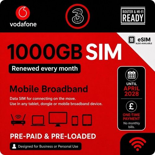 Three - Vodaphone Pre-Loaded 1000GB Data Sim - 5G Mobile Expiry April 2028 New