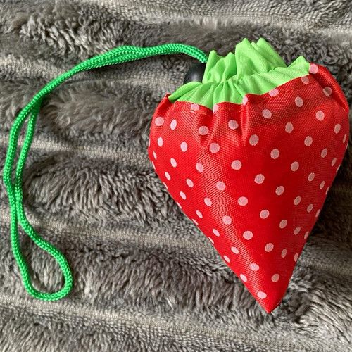 Foldable Reusable Shopping Bag Large Orange Polka Dot with Strawberry Pouch