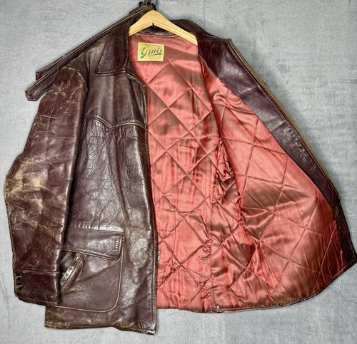 VTG 1950s Grais Front Quarter Steerhide Leather Car Coat Jacket Half Belt Sz 42L — image 2