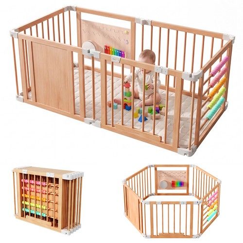 Kids Safety Fence with Gate Foldable Wooden Toddler Playpen for Indoor Outdoor