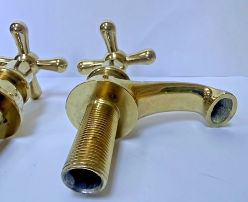 Pair of Vintage Heavy, Solid Brass Pillar Deck Mount Basin Taps — image 9