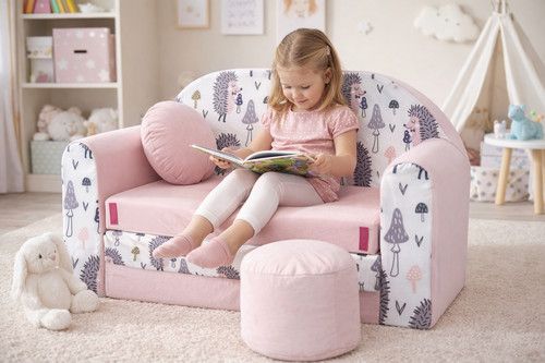 Kids Sofa Bed 3 in 1 Fold Out Toddler Couch 2 Seater + FREE Pouffe & Cushion Set