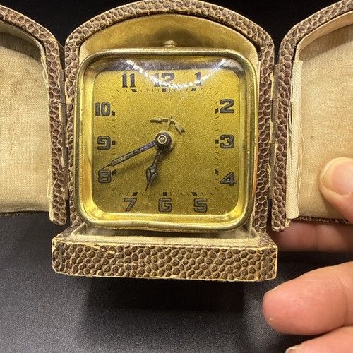 Art deco 1930s French Gilt Brass Travel Alarm Clock In Original case & Working