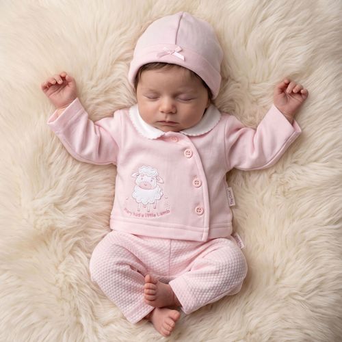 Premature Baby Girl 3 Piece Outfit Lamb Jacket Trousers Hat PINK — image 1