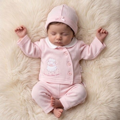 Premature Baby Girl 3 Piece Outfit Lamb Jacket Trousers Hat PINK