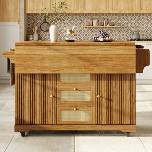 Kitchen Island on Wheels, Storage Trolley Cart with Foldable Top, Rattan Drawers — image 4