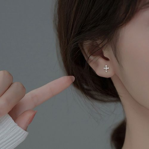 Shiny Solid 925 Sterling Silver Tiny Cute Religious Cross Stud Earrings Gift UK — image 2