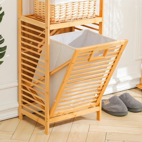 Bamboo Shelf with Laundry Basket Bin Hamper Wooden Bathroom Storage Stand Rack — image 4