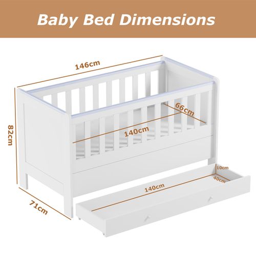 3-in-1 Convertible Cot Bed White Baby Nursery Crib Toddler Bed 140x66cm Mattress — image 2