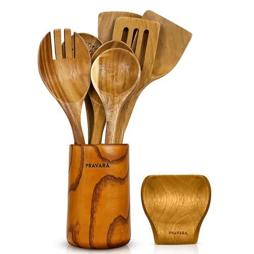 9 Piece Wooden Kitchen Utensils Set With Holder - Wooden Cooking Spoons Spatula