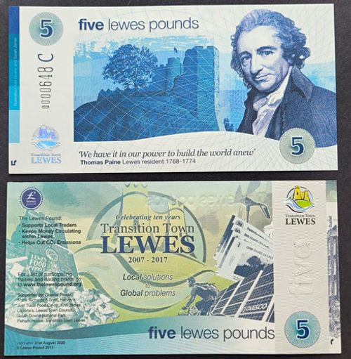 £5 Lewes Pound Transition Town Lewes Note (2017) Ten Year Celebr, Slight Mark