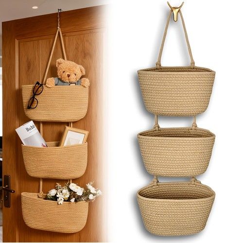 3-Tier Over Door Storage Organizer, Wall-Mounted Woven Hanging Basket Woven Rope