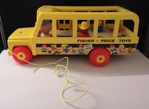 Vintage Fisher Price Little People School Bus Pull Along Toy & Cars With Figures — image 4