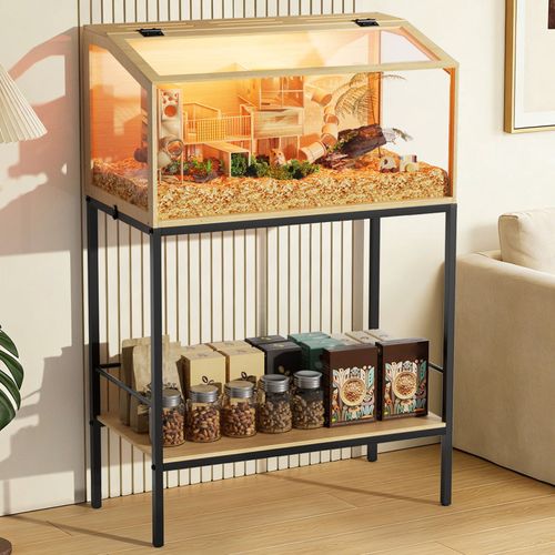 BingoPaw Large Wooden Hamster Cage LED Tempered Glass for Hedgehog Gerbil Syrian — image 4