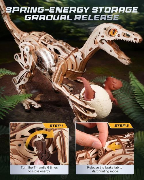ROKR Prehistoric Planet Velociraptor 3D Wooden Puzzle Dinosaur Jigsaw Model Kit — image 8