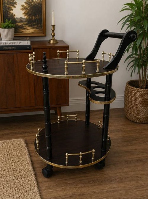 Vintage Black & Gold 2-Tier Rolling Bar Cart Tea Trolley Serving Cart — image 1