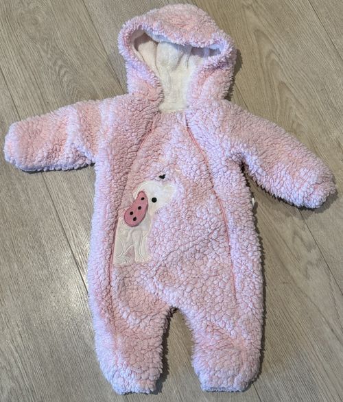 Girls Pink Hooded Fluffy Double Zip Snow Suit Age 0-3 Months