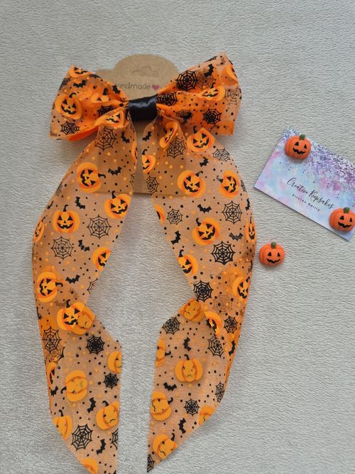 30cm Long Pumpkin Halloween Organza Hair Bow On Alligator Clip — image 1