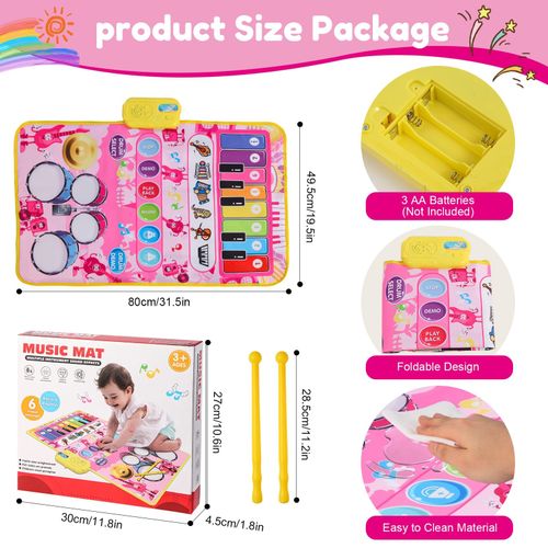 iFunLong Musical Toys Mat for 3 Year Old Girls, 2 in 1 Baby 80 x 58 cm, Pink  — image 2
