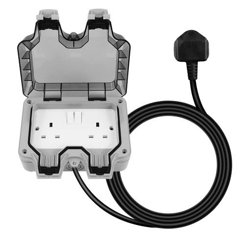 Outdoor Socket Waterproof Double Plug Extension Lead External 2 Gang Switched UK