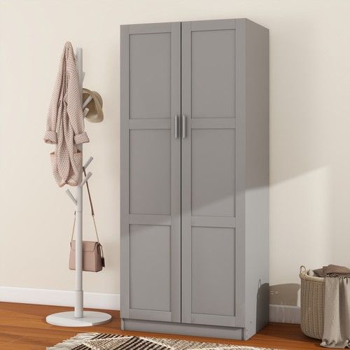 Modern 2 Door Wardrobe Double Wardrobe with 1 Shelf Hanging Rod Bedroom Grey