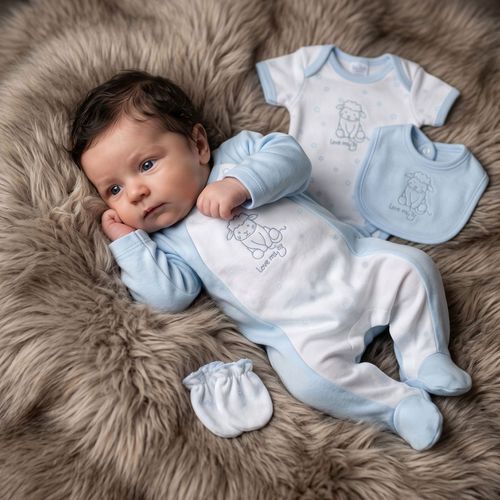 Premature Baby Boy Cotton 4 Piece Outfit Set Sleepsuit Vest Bib Mitts BLUE — image 2